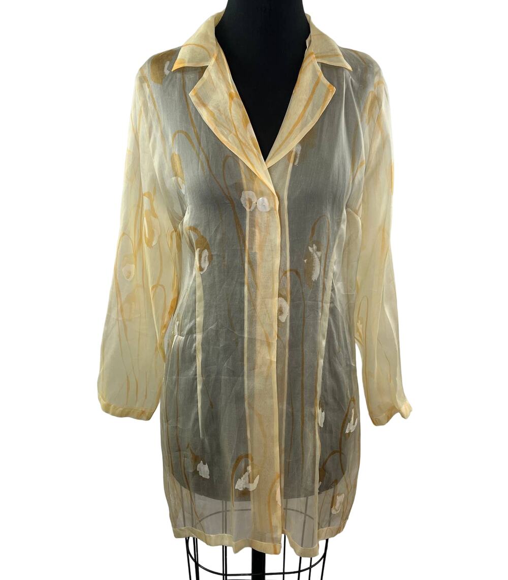 VTG Austin Reed Yellow Floral Sheer Silk Long Sleeve Collar Cardigan Top Midi 8
